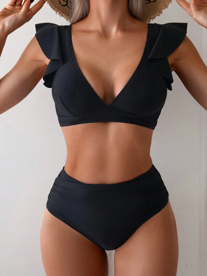 Swim Chiccia Ladies Solid Color Bikini Set With Simple And Fashionable Flutter Sleeves For Vacation, Summer Beach