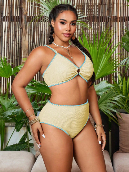 Swim Chiccia Plus Size Women 2-Piece Solid Color Textured Fabric Ruched Strappy Separates Fashion Casual Swimsuit Set