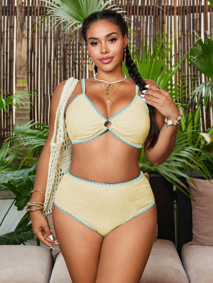 Swim Chiccia Plus Size Women 2-Piece Solid Color Textured Fabric Ruched Strappy Separates Fashion Casual Swimsuit Set