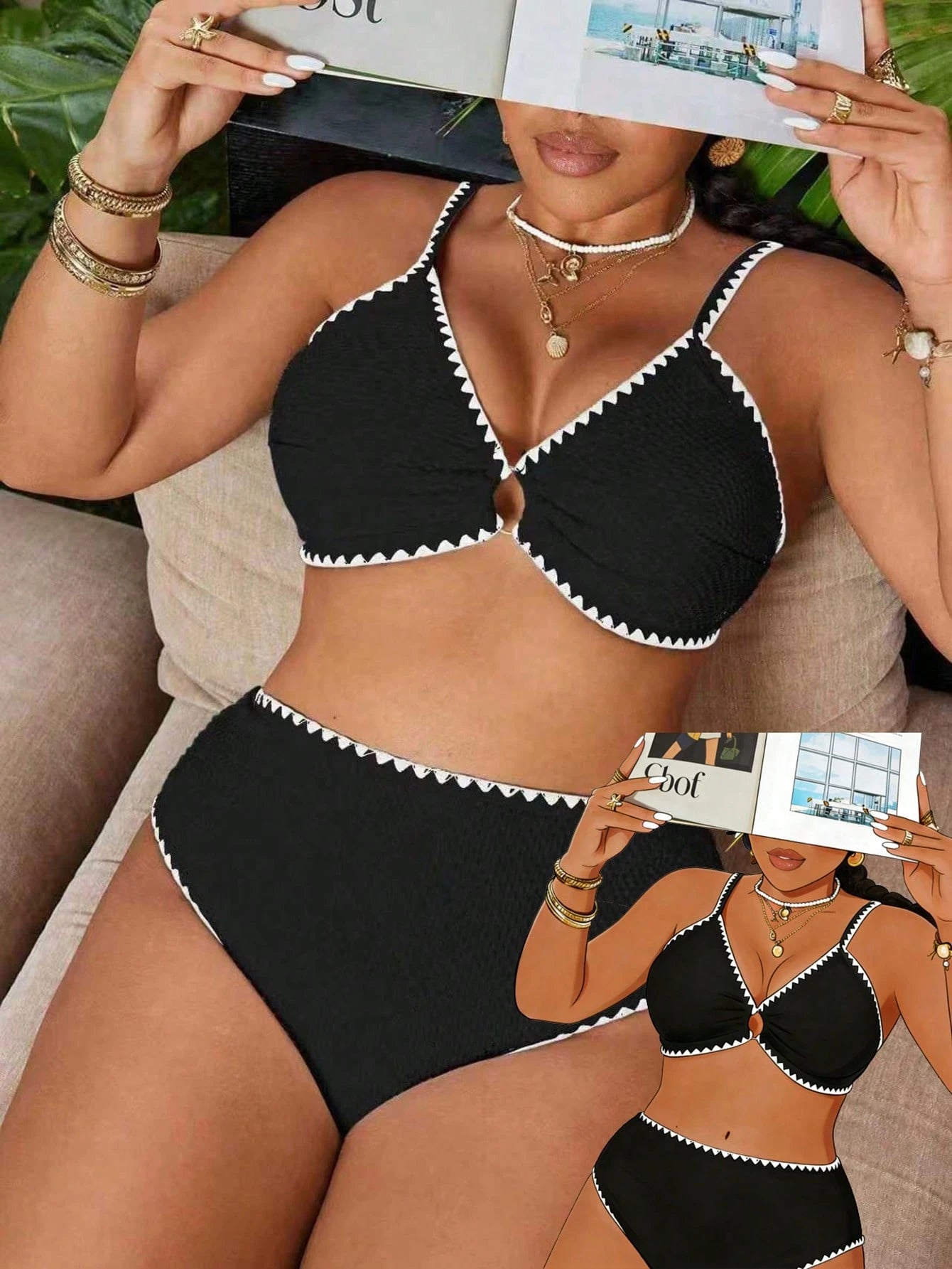 Swim Chiccia Plus Size Women 2-Piece Solid Color Textured Fabric Ruched Strappy Separates Fashion Casual Swimsuit Set