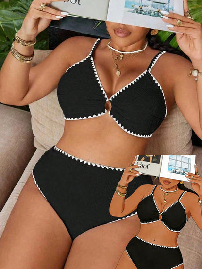 Swim Chiccia Plus Size Women 2-Piece Solid Color Textured Fabric Ruched Strappy Separates Fashion Casual Swimsuit Set