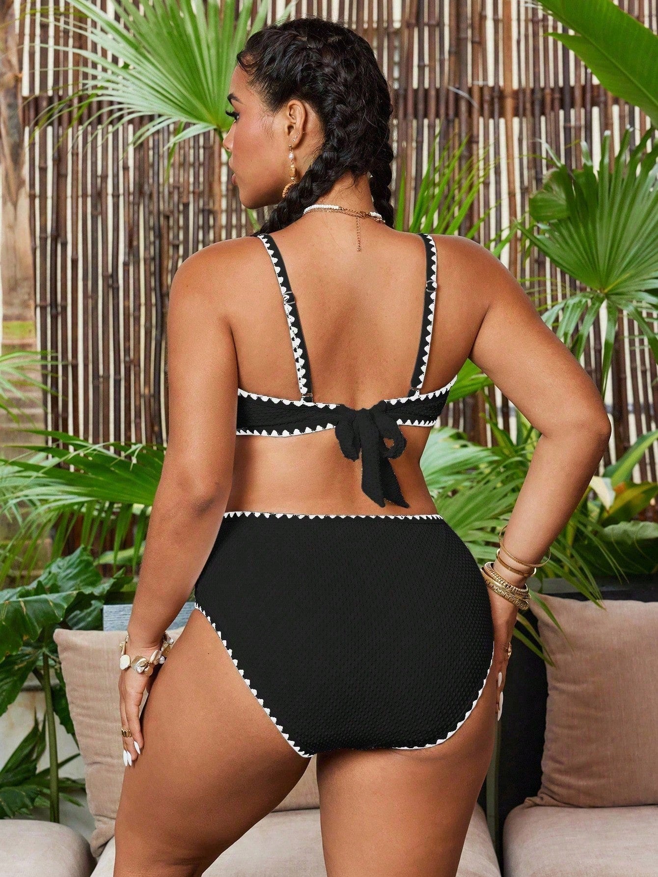 Swim Chiccia Plus Size Women 2-Piece Solid Color Textured Fabric Ruched Strappy Separates Fashion Casual Swimsuit Set