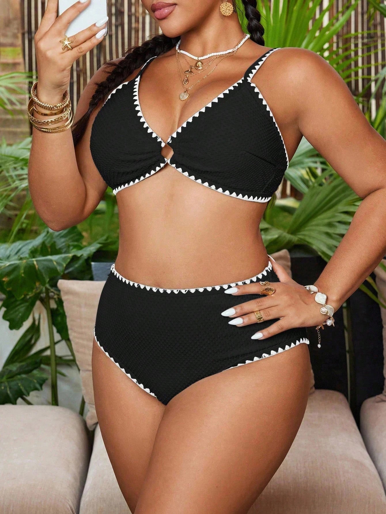 Swim Chiccia Plus Size Women 2-Piece Solid Color Textured Fabric Ruched Strappy Separates Fashion Casual Swimsuit Set