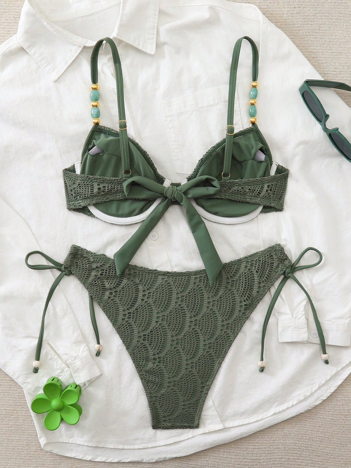 Swim Chiccia Women's Green Summer Boho Bikini Set,2 Pieces Padded Underwire Swimwear With Beads,Texture Fabric Side Tie Swimsuit For Holiday,Vacation,Beach,Island