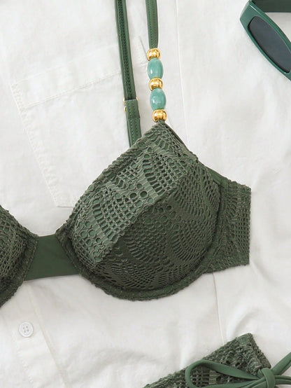Swim Chiccia Women's Green Summer Boho Bikini Set,2 Pieces Padded Underwire Swimwear With Beads,Texture Fabric Side Tie Swimsuit For Holiday,Vacation,Beach,Island