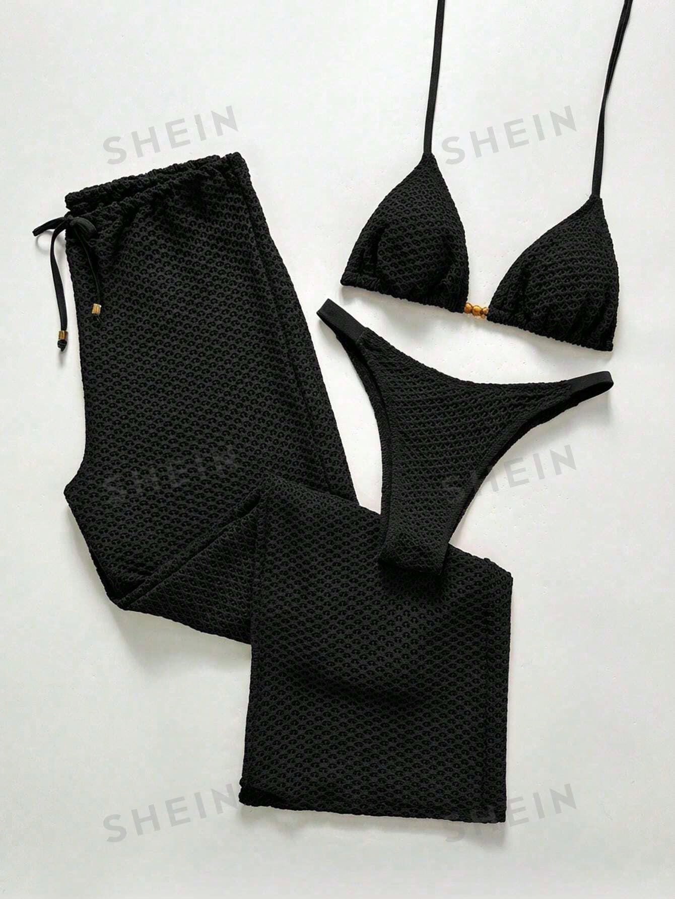Swim Chiccia Women's Summer Beach Holiday Vacation Solid Color Topical Bikini Set With Coverup And Pants Holiday Black