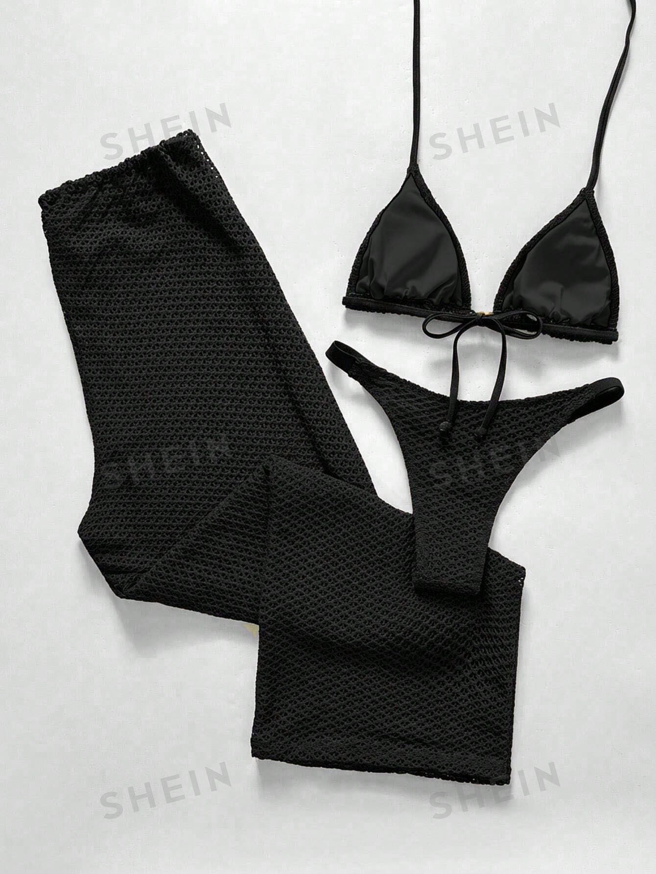 Swim Chiccia Women's Summer Beach Holiday Vacation Solid Color Topical Bikini Set With Coverup And Pants Holiday Black