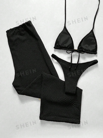 Swim Chiccia Women's Summer Beach Holiday Vacation Solid Color Topical Bikini Set With Coverup And Pants Holiday Black