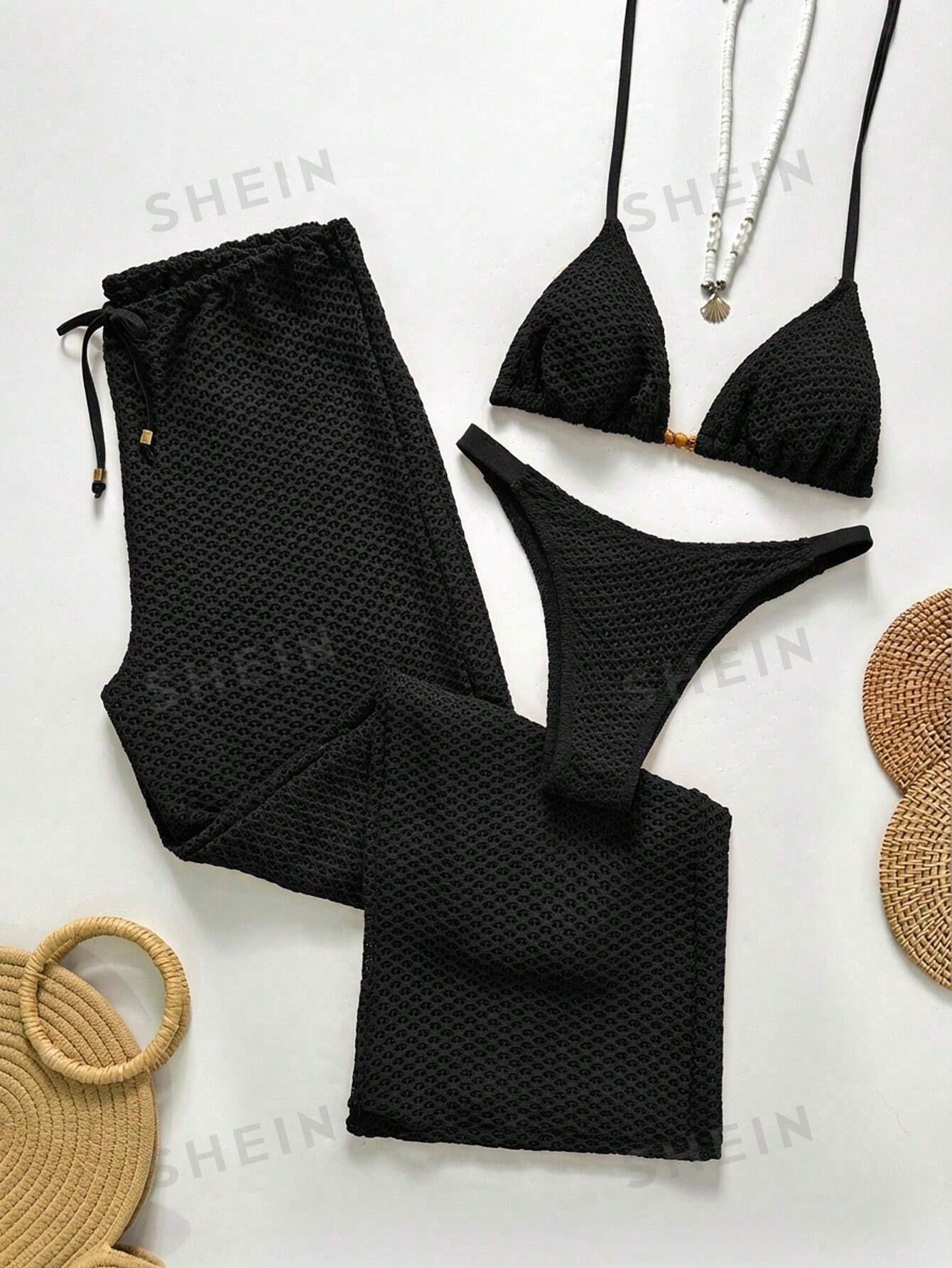 Swim Chiccia Women's Summer Beach Holiday Vacation Solid Color Topical Bikini Set With Coverup And Pants Holiday Black