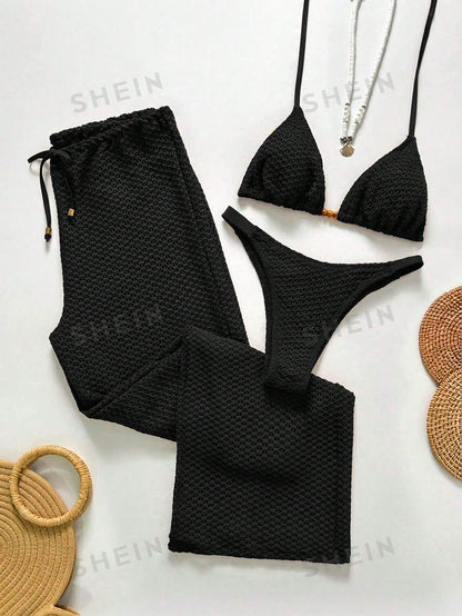 Swim Chiccia Women's Summer Beach Holiday Vacation Solid Color Topical Bikini Set With Coverup And Pants Holiday Black
