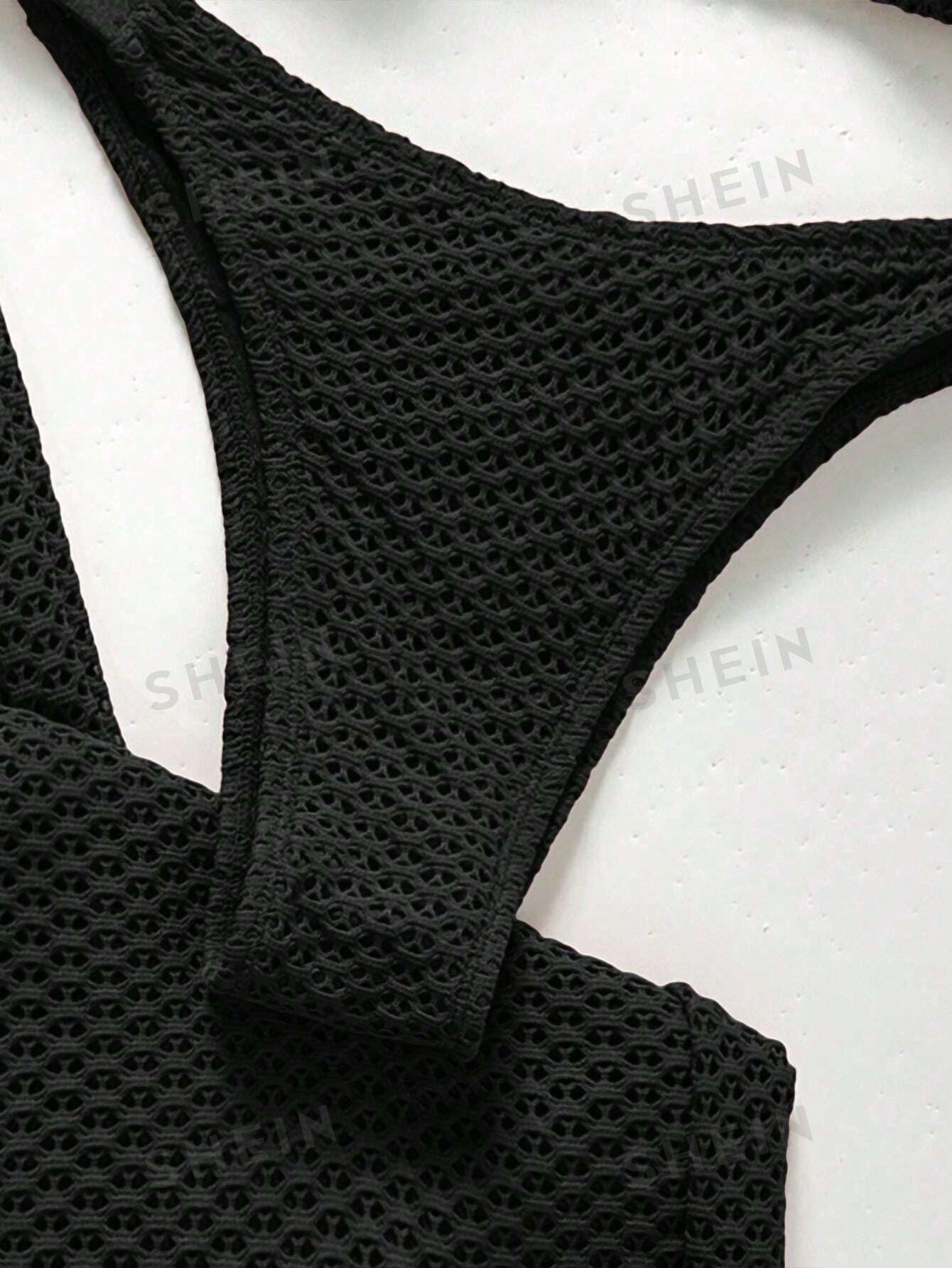Swim Chiccia Women's Summer Beach Holiday Vacation Solid Color Topical Bikini Set With Coverup And Pants Holiday Black