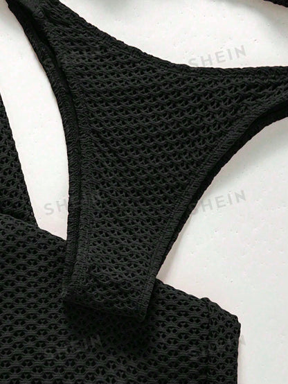 Swim Chiccia Women's Summer Beach Holiday Vacation Solid Color Topical Bikini Set With Coverup And Pants Holiday Black