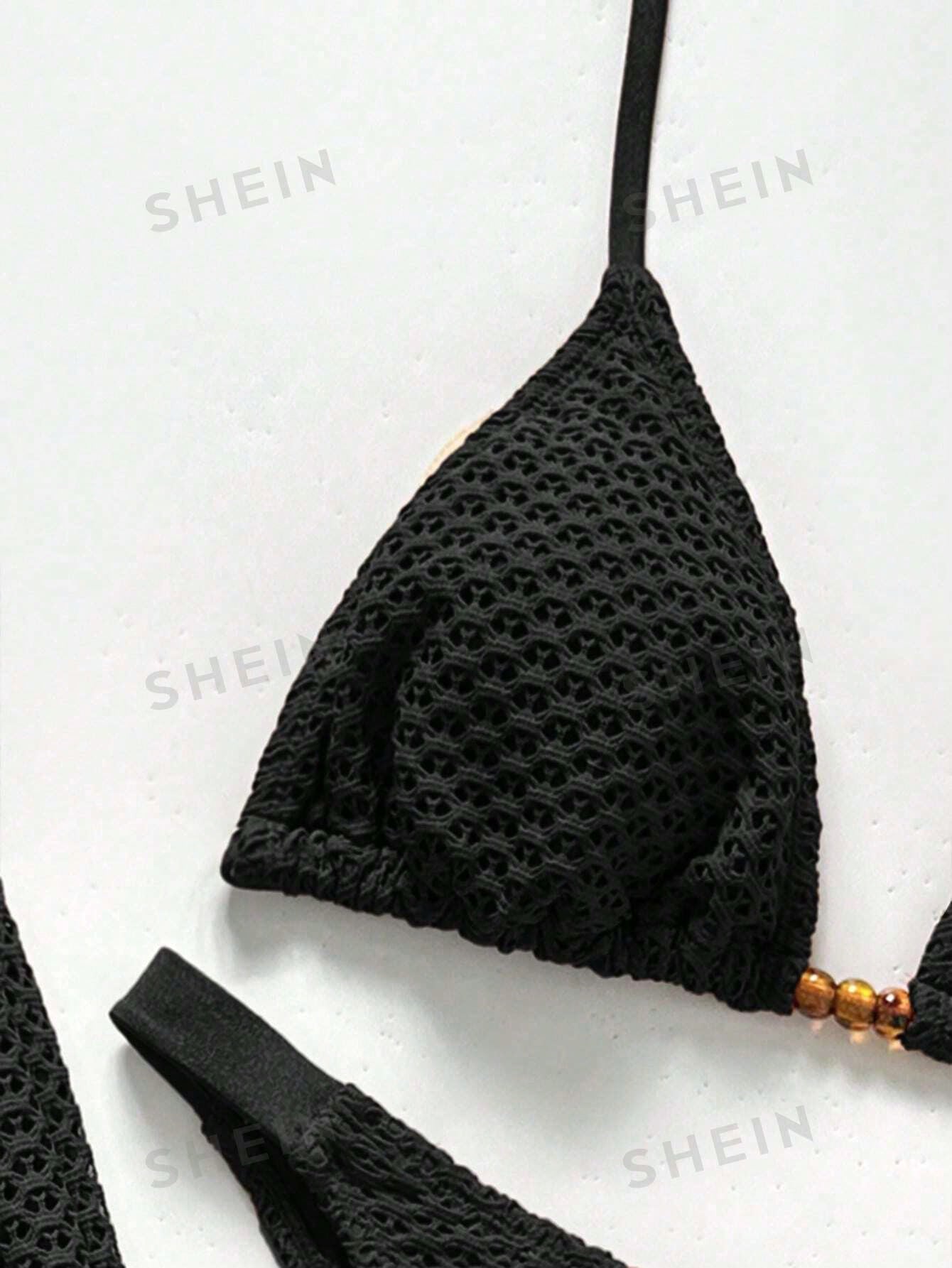 Swim Chiccia Women's Summer Beach Holiday Vacation Solid Color Topical Bikini Set With Coverup And Pants Holiday Black