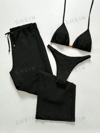 Swim Chiccia Women's Summer Beach Holiday Vacation Solid Color Topical Bikini Set With Coverup And Pants Holiday Black