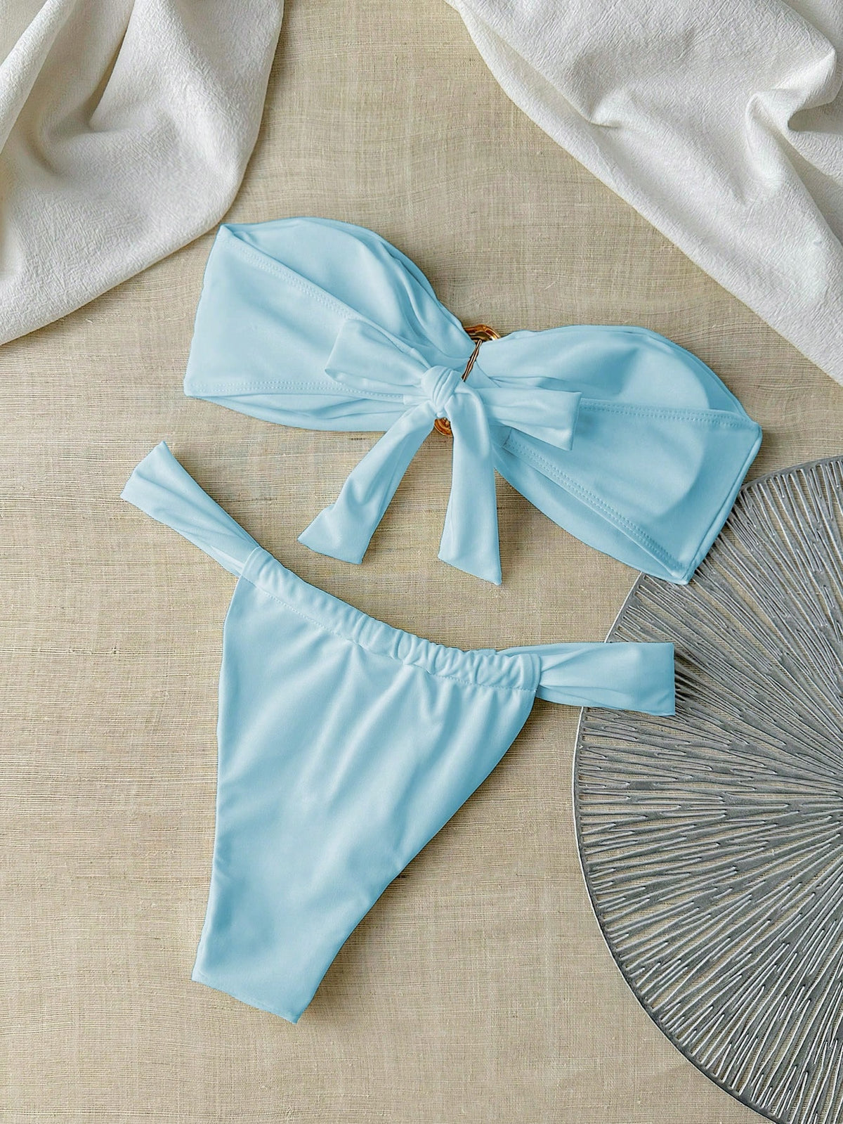Swim Chiccia Women's Summer Solid Color Bandeau Metal Decor & Thong Bikini Set, Sexy