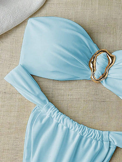 Swim Chiccia Women's Summer Solid Color Bandeau Metal Decor & Thong Bikini Set, Sexy