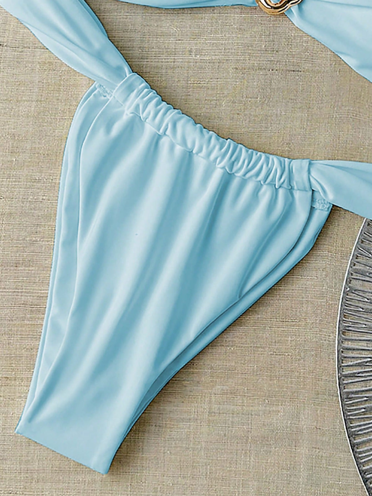 Swim Chiccia Women's Summer Solid Color Bandeau Metal Decor & Thong Bikini Set, Sexy