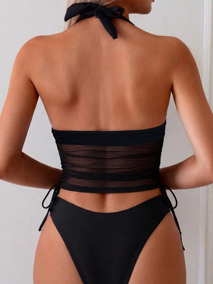 Swim Chiccia Women's Tropical Print Two Pieces Bikini Set,Spaghetti Strap Top,Triangle Bottoms,Black Summer Casual Beach Holiday Vacation Holiday Elegant Outfit