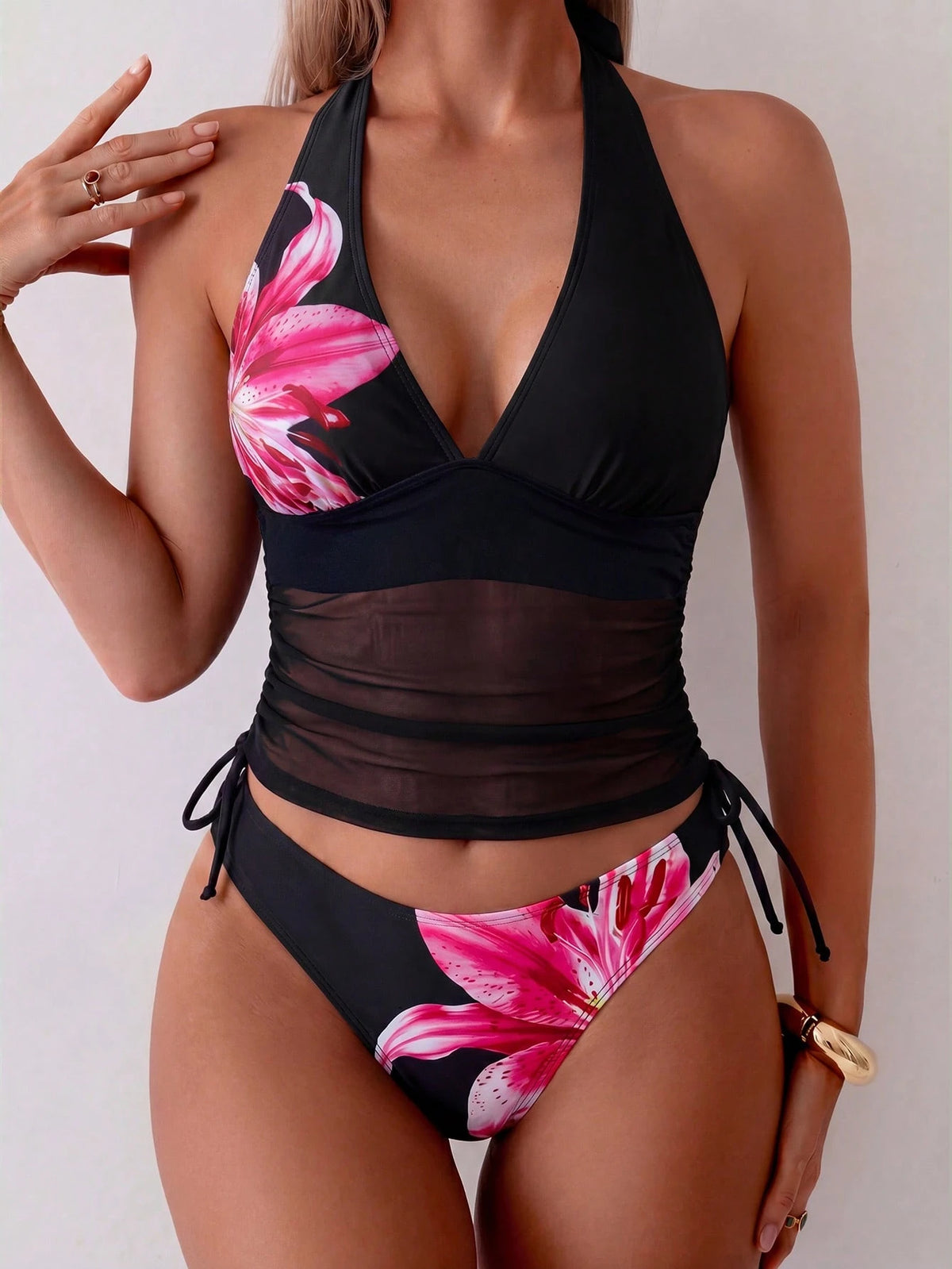 Swim Chiccia Women's Tropical Print Two Pieces Bikini Set,Spaghetti Strap Top,Triangle Bottoms,Black Summer Casual Beach Holiday Vacation Holiday Elegant Outfit