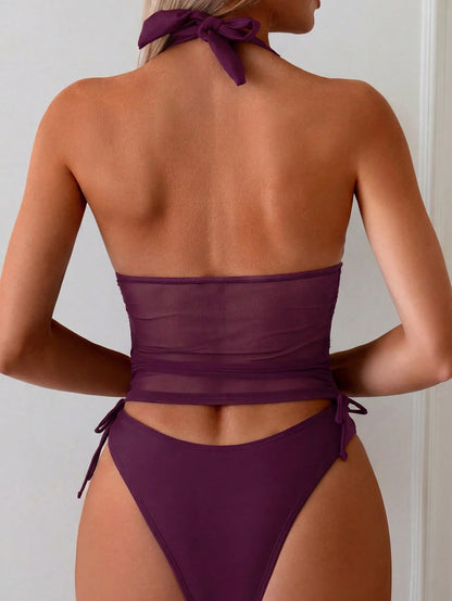 Swim Chiccia Women's Tropical Print Two Pieces Bikini Set,Spaghetti Strap Top,Triangle Bottoms,Black Summer Casual Beach Holiday Vacation Holiday Elegant Outfit