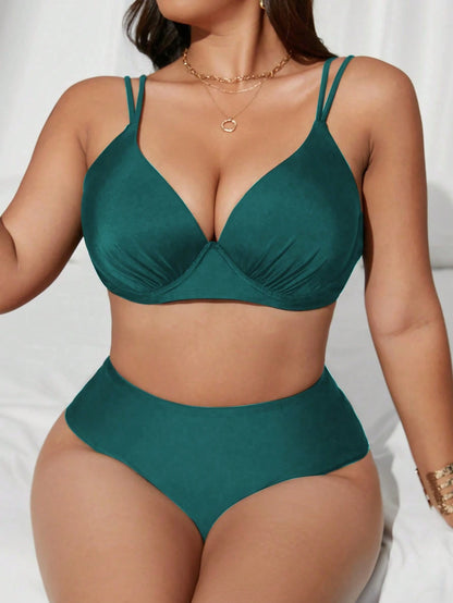 Swim Curve 2Pcs Women Plus Size Sage Green Tankini Swimsuit,Elegant Summer Beach Holiday Bubble Lift-Up Wire Cup Triangle High Waist Adjustable Strap Swimwear