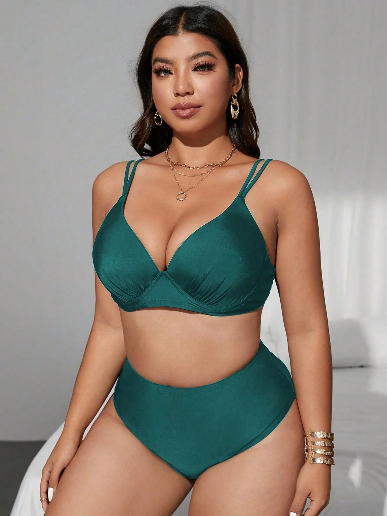Swim Curve 2Pcs Women Plus Size Sage Green Tankini Swimsuit,Elegant Summer Beach Holiday Bubble Lift-Up Wire Cup Triangle High Waist Adjustable Strap Swimwear
