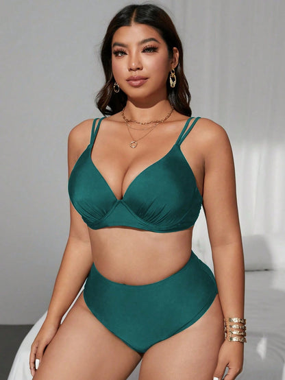 Swim Curve 2Pcs Women Plus Size Sage Green Tankini Swimsuit,Elegant Summer Beach Holiday Bubble Lift-Up Wire Cup Triangle High Waist Adjustable Strap Swimwear