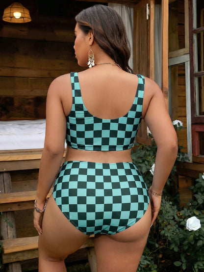 Swim Curve Plus Size Women's Teal Green Plaid Tankini Swimwear Set, Casual Tropical Holiday Beach Active Vacation Summer