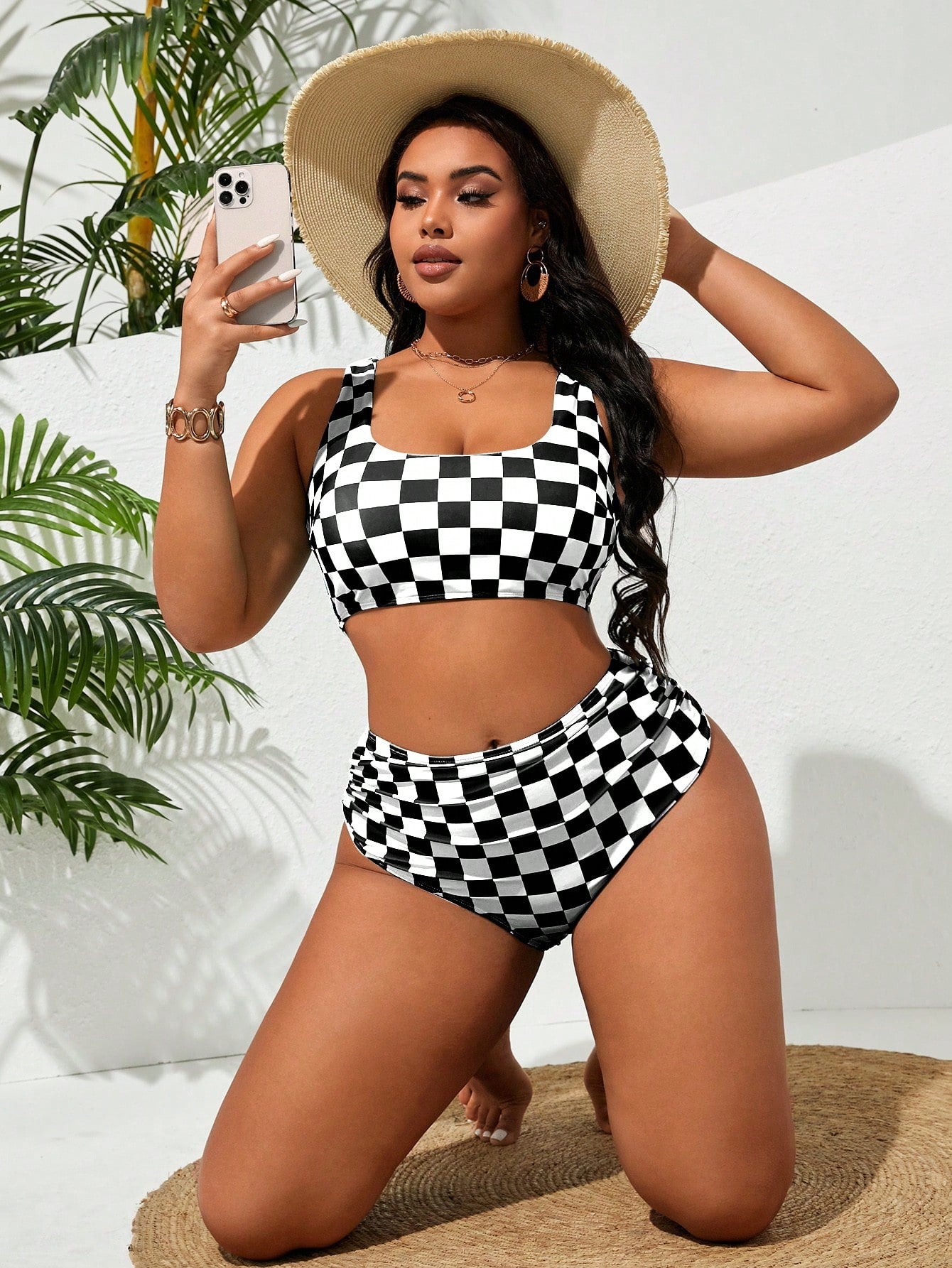 Swim Curve Plus Size Women's Teal Green Plaid Tankini Swimwear Set, Casual Tropical Holiday Beach Active Vacation Summer