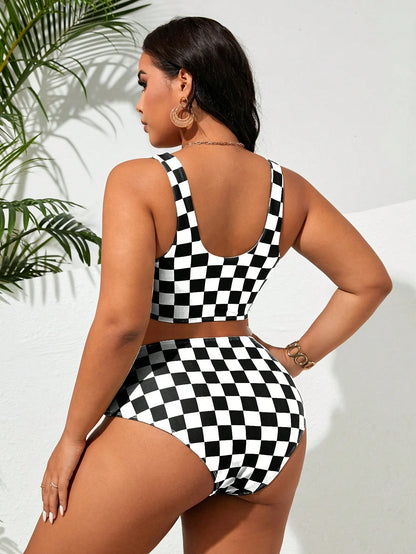 Swim Curve Plus Size Women's Teal Green Plaid Tankini Swimwear Set, Casual Tropical Holiday Beach Active Vacation Summer