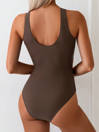 Swim Lushoire 1pc Sexy Criss-Cross One-Piece Swimsuit, Textured European & American Style Vacation Swimwear