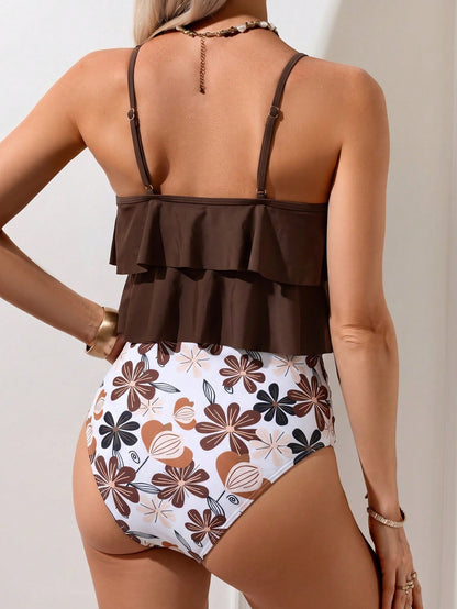 Swim Lushoire 2025 Women's 2-Piece Summer Vacation Ruffle Top & Random Floral Print High-Waist Bottom Swimsuit Set