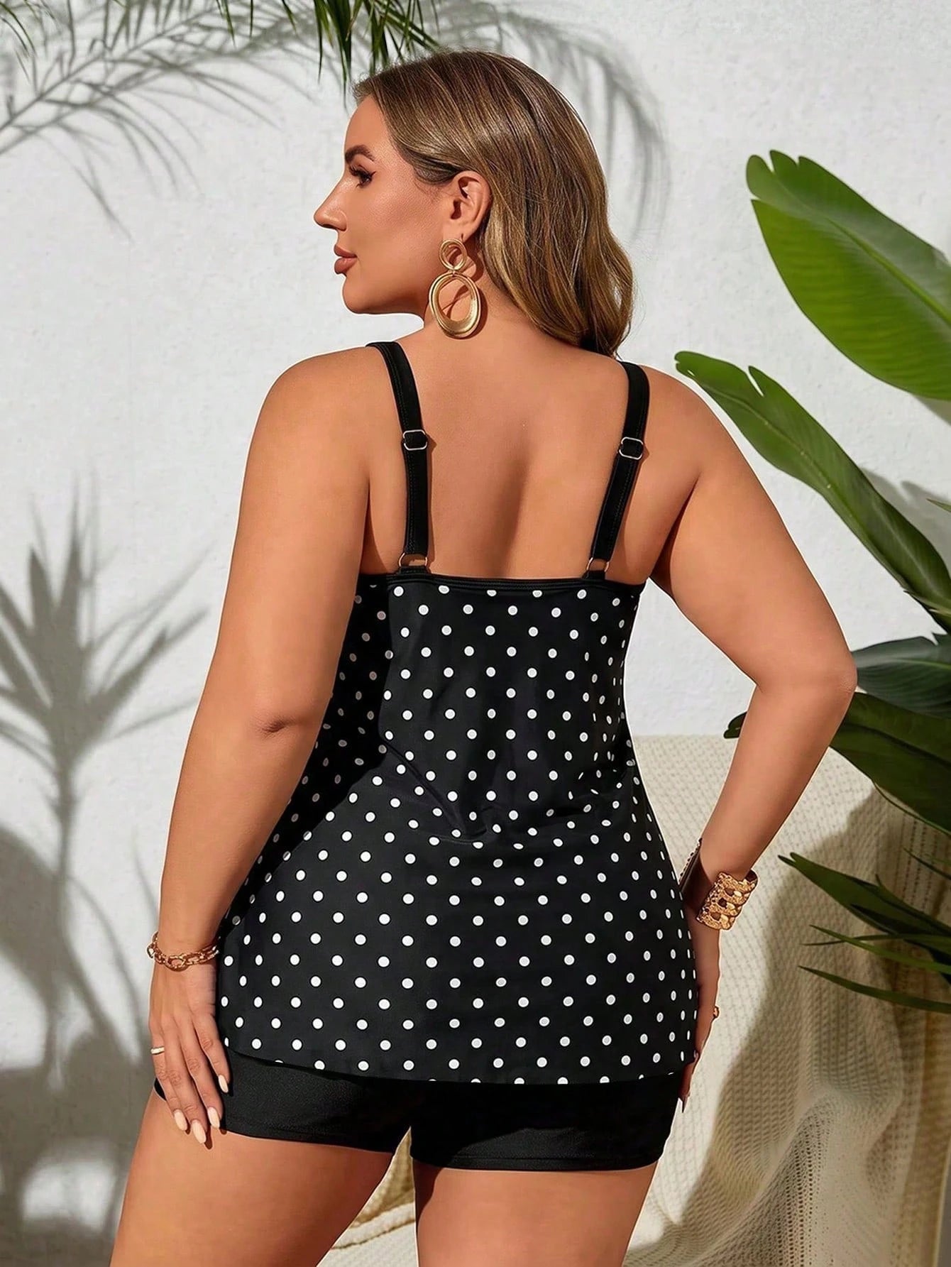 Swim Lushoire 2026 New Plus Size Women 2-Piece Set Black & White Polka Dot Top With Black High-Waisted Shorts, Beach Vacation, Summer Holiday Outfit, Party Wear, Elegant Women's Beach Swimwear, Women'