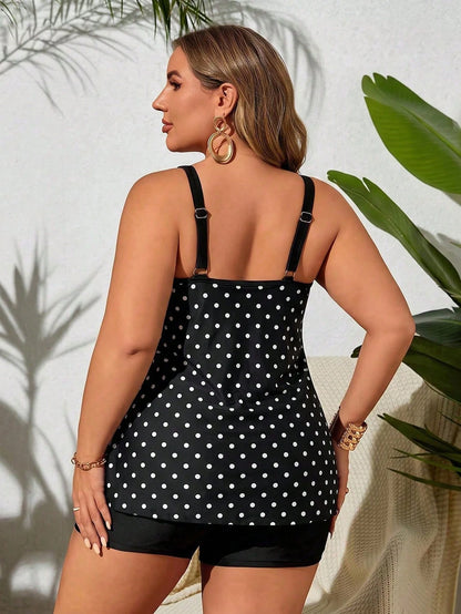 Swim Lushoire 2026 New Plus Size Women 2-Piece Set Black & White Polka Dot Top With Black High-Waisted Shorts, Beach Vacation, Summer Holiday Outfit, Party Wear, Elegant Women's Beach Swimwear, Women'