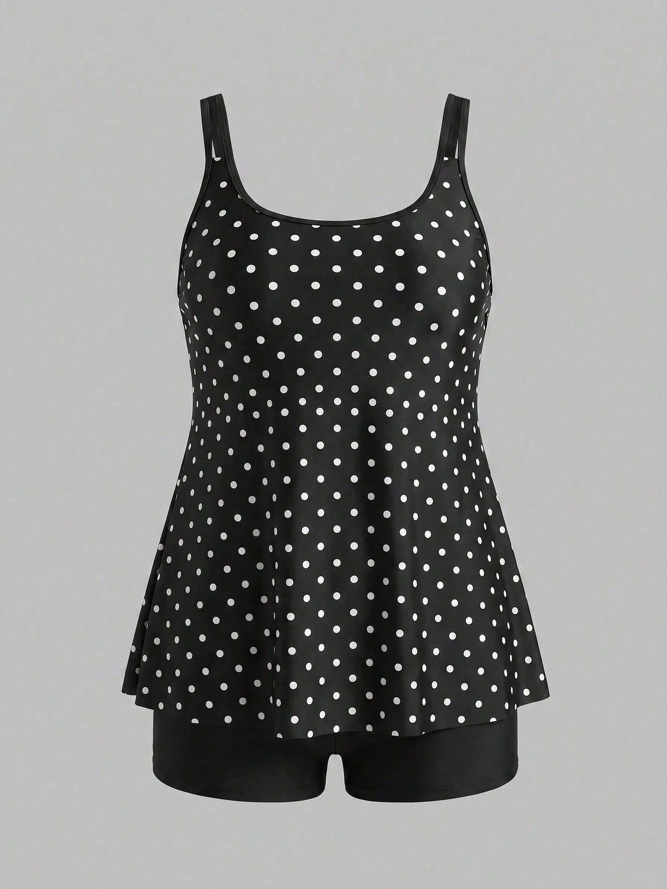 Swim Lushoire 2026 New Plus Size Women 2-Piece Set Black & White Polka Dot Top With Black High-Waisted Shorts, Beach Vacation, Summer Holiday Outfit, Party Wear, Elegant Women's Beach Swimwear, Women'