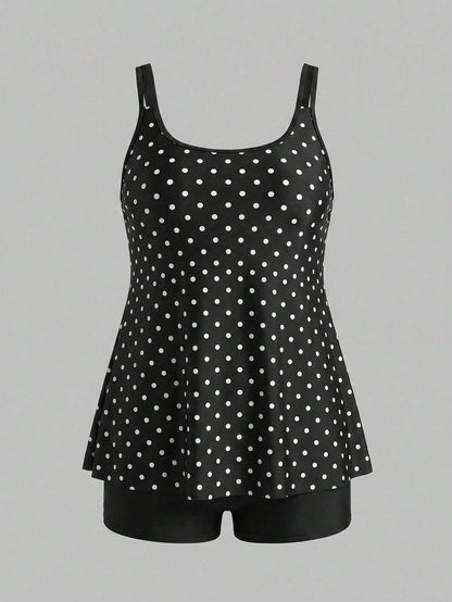 Swim Lushoire 2026 New Plus Size Women 2-Piece Set Black & White Polka Dot Top With Black High-Waisted Shorts, Beach Vacation, Summer Holiday Outfit, Party Wear, Elegant Women's Beach Swimwear, Women'