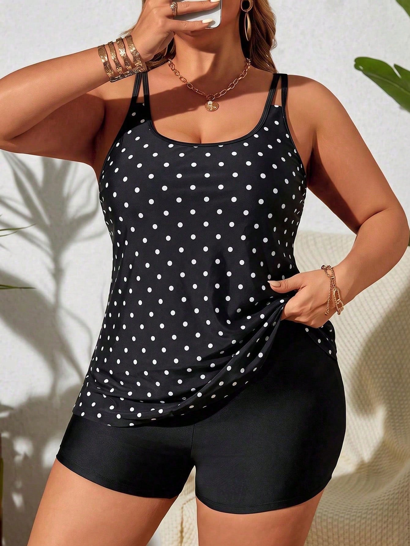 Swim Lushoire 2026 New Plus Size Women 2-Piece Set Black & White Polka Dot Top With Black High-Waisted Shorts, Beach Vacation, Summer Holiday Outfit, Party Wear, Elegant Women's Beach Swimwear, Women'