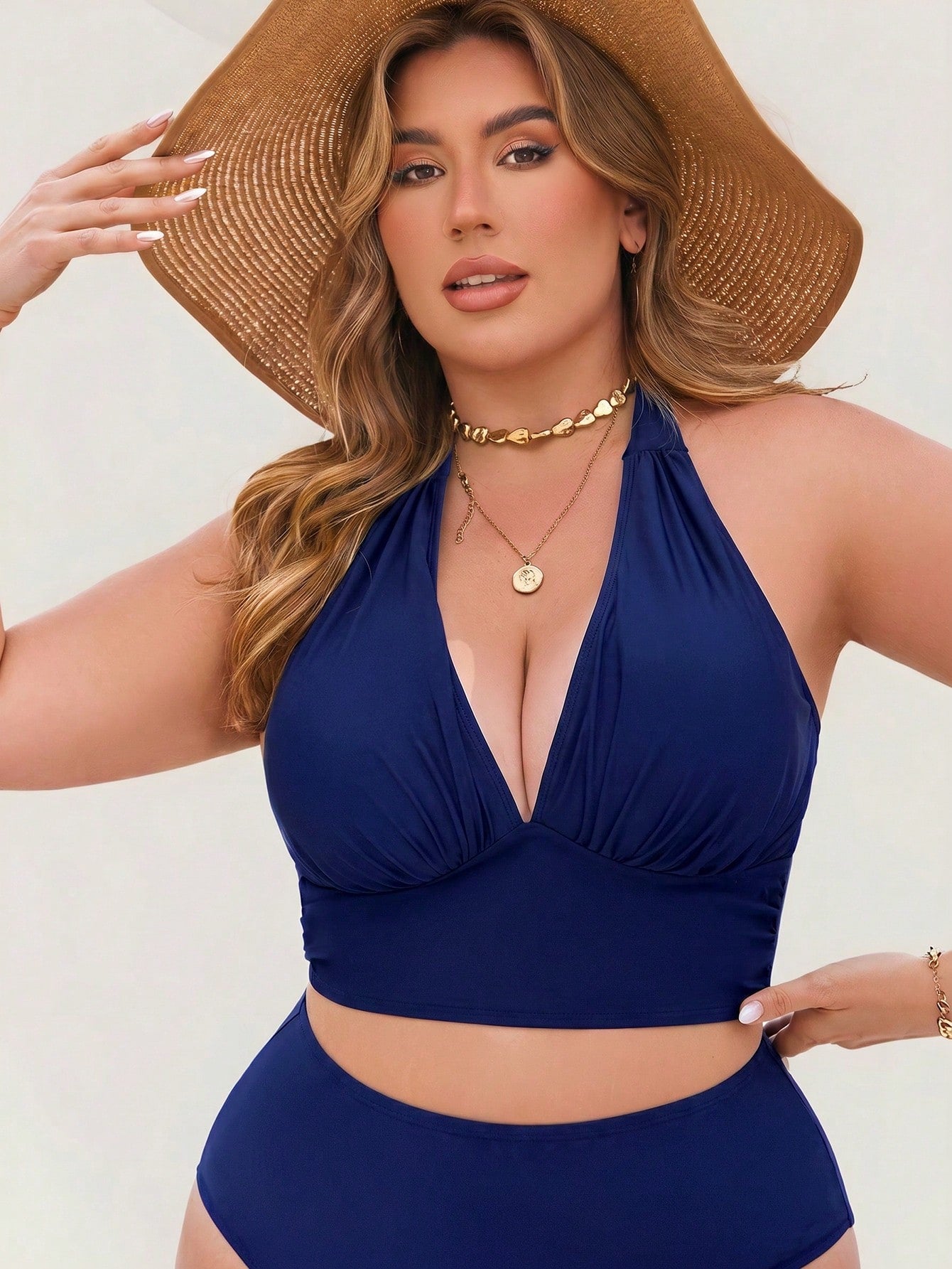 Swim Lushoire 2026 New Summer Vacation Basic Adjustable Plus Size Swimsuit Top Beach Navy Blue