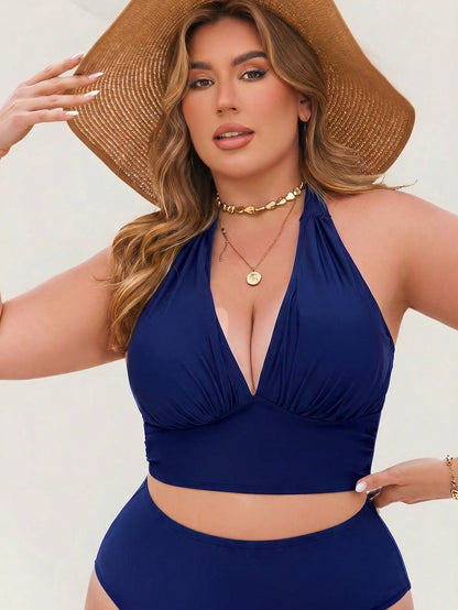 Swim Lushoire 2026 New Summer Vacation Basic Adjustable Plus Size Swimsuit Top Beach Navy Blue