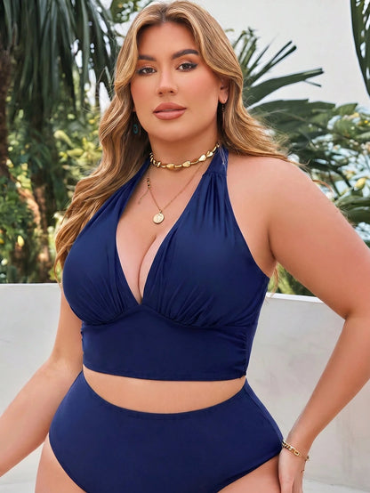 Swim Lushoire 2026 New Summer Vacation Basic Adjustable Plus Size Swimsuit Top Beach Navy Blue