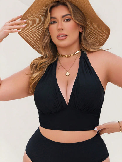 Swim Lushoire 2026 New Summer Vacation Basic Adjustable Plus Size Swimsuit Top Beach Navy Blue