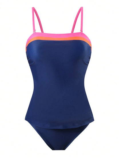 Swim Lushoire 2pcs Navy Blue Women Bikini Set,Fixed Strapless Design Removable Strap Tummy Control Vest Top And Shorts,Summer Casual Beach Holiday Style