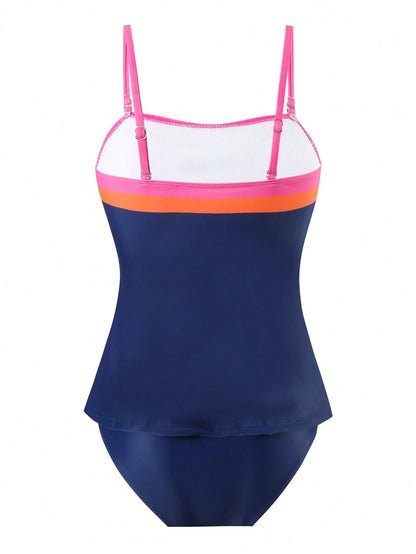 Swim Lushoire 2pcs Navy Blue Women Bikini Set,Fixed Strapless Design Removable Strap Tummy Control Vest Top And Shorts,Summer Casual Beach Holiday Style