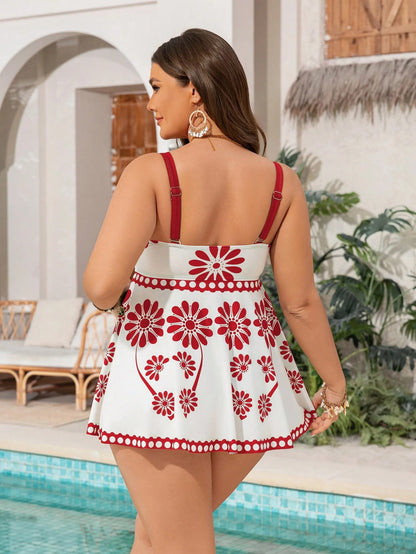 Swim Lushoire 2pcs Plus Size Tank Bikini Set, Various Colored Placement Printing Design, Casual For Daily Wear, Holiday, Beach For Summer Beach Vacation