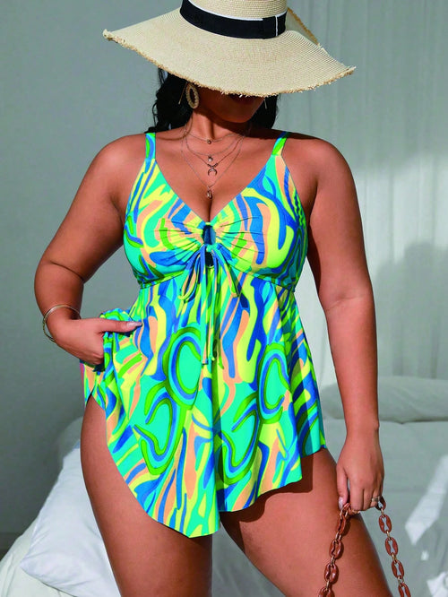 Swim Lushoire 2pcs Plus Size Women Random Printed Tankini Swimsuit Set, Fashion Casual Resort Swimdress For Summer Beach Vacation