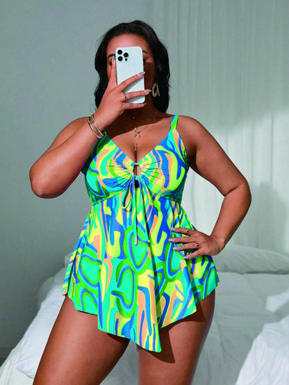 Swim Lushoire 2pcs Plus Size Women Random Printed Tankini Swimsuit Set, Fashion Casual Resort Swimdress For Summer Beach Vacation