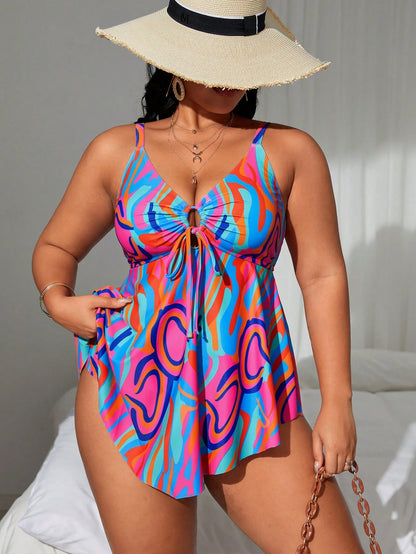 Swim Lushoire 2pcs Plus Size Women Random Printed Tankini Swimsuit Set, Fashion Casual Resort Swimdress For Summer Beach Vacation