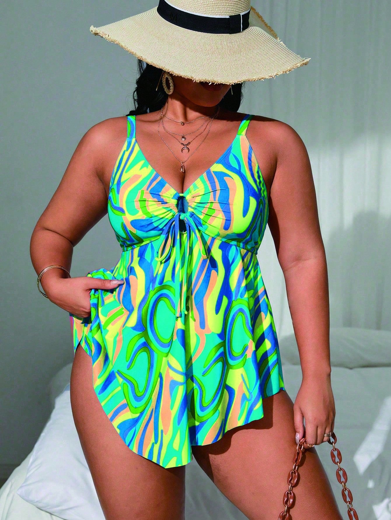Swim Lushoire 2pcs Plus Size Women Random Printed Tankini Swimsuit Set, Fashion Casual Resort Swimdress For Summer Beach Vacation