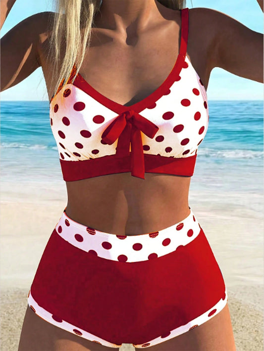 Swim Lushoire 2pcs/Set New Women's Red And White Polka Dot Bikini,Summer 80's Holiday Party Beach Swimwear,Bow Tie Off Shoulder High Waist Backless Swimsuit Set
