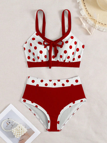 Swim Lushoire 2pcs/Set New Women's Red And White Polka Dot Bikini,Summer 80's Holiday Party Beach Swimwear,Bow Tie Off Shoulder High Waist Backless Swimsuit Set